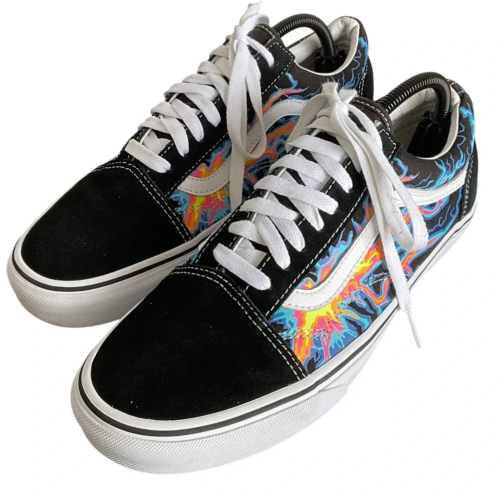 Vans Old Skool Black Multi Color Lightning Flame Skate Shoes Mens 9.5 Womens 11